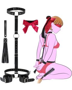 Sex-Bondage-BDSM-Set mit Fesseln – mit Handschellen, Halsband, Augenbinde und Peitsche, weicher Leder-Bondage-Ausrüstung und Zubehör