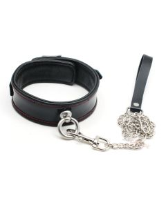 SM Schwarzes Bondage Halsband aus echtem Leder mit Metallkette 